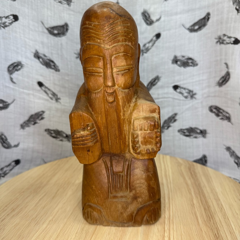 Vintage Asian Hand Carved Wooden Sculpture Statue Of Old Chinese Bearded Man